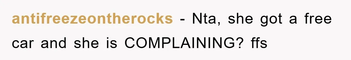 antifreezeontherocks − Nta, she got a free car and she is COMPLAINING? ffs