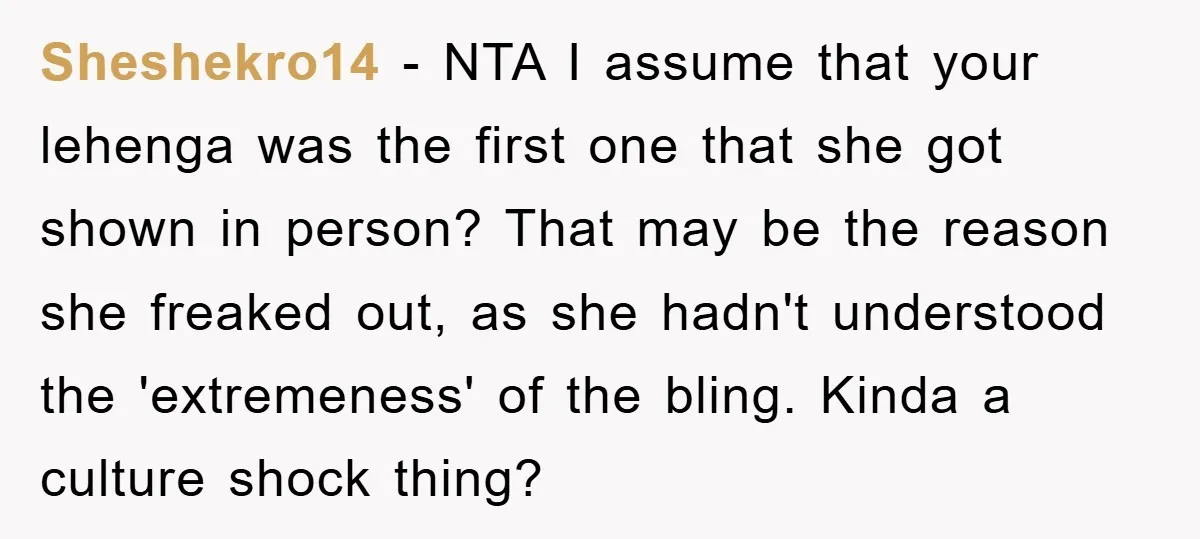 Sheshekro14 − NTA I assume that your lehenga was the first one that she got shown in person? That may be the reason she freaked out, as she hadn't understood...