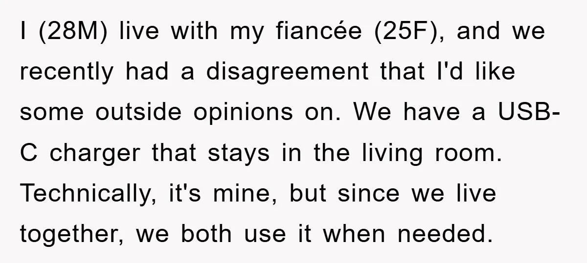 I (28M) live with my fiancée (25F), and we recently had a disagreement that I'd like some outside opinions on. We have a USB-C charger that stays in the living...