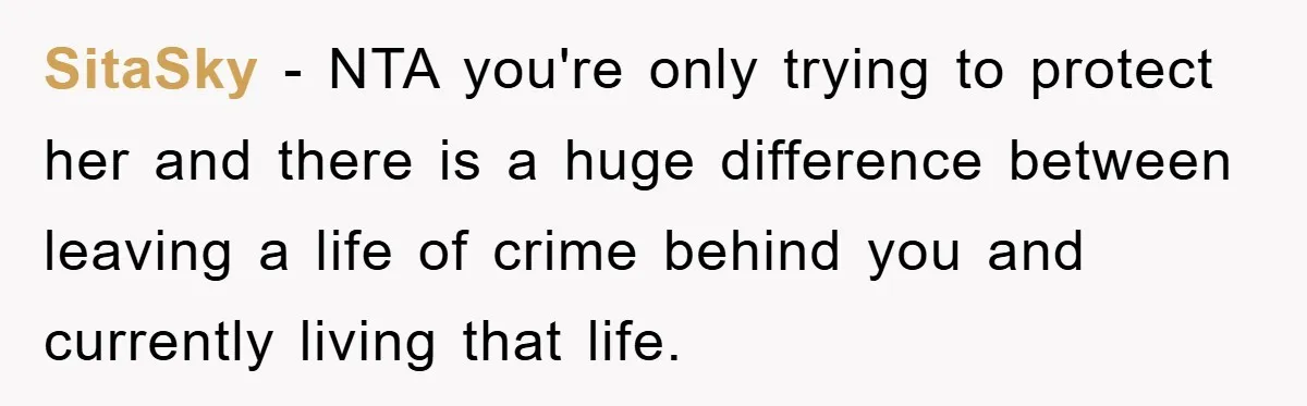 SitaSky − NTA you're only trying to protect her and there is a huge difference between leaving a life of crime behind you and currently living that life.
