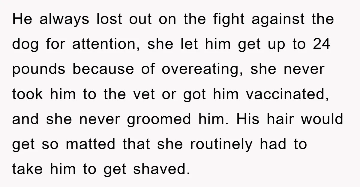 He always lost out on the fight against the dog for attention, she let him get up to 24 pounds because of overeating, she never took him to the vet...