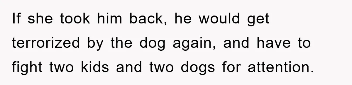 If she took him back, he would get terrorized by the dog again, and have to fight two kids and two dogs for attention.