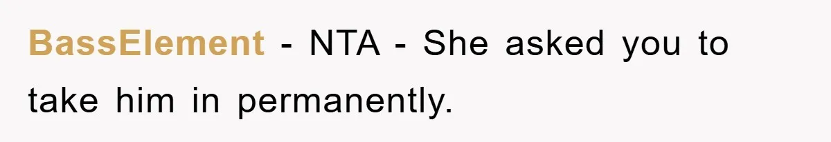 BassElement − NTA - She asked you to take him in permanently.