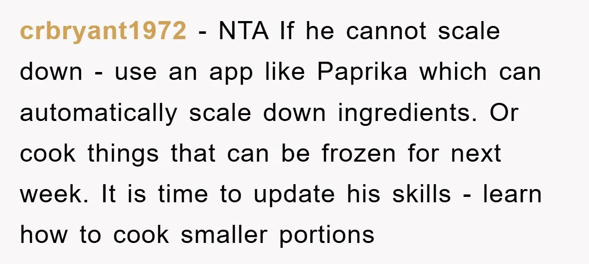 crbryant1972 − NTA If he cannot scale down - use an app like Paprika which can automatically scale down ingredients. Or cook things that can be frozen for next week....