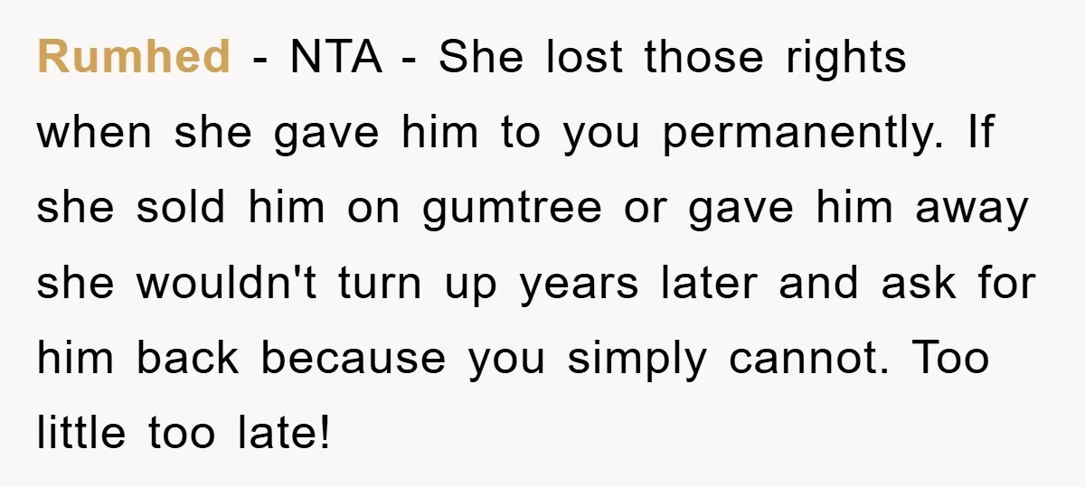 Rumhed − NTA - She lost those rights when she gave him to you permanently. If she sold him on gumtree or gave him away she wouldn't turn up years...