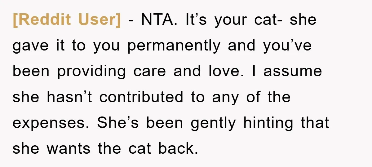 [Reddit User] − NTA. It’s your cat- she gave it to you permanently and you’ve been providing care and love. I assume she hasn’t contributed to any of the expenses....