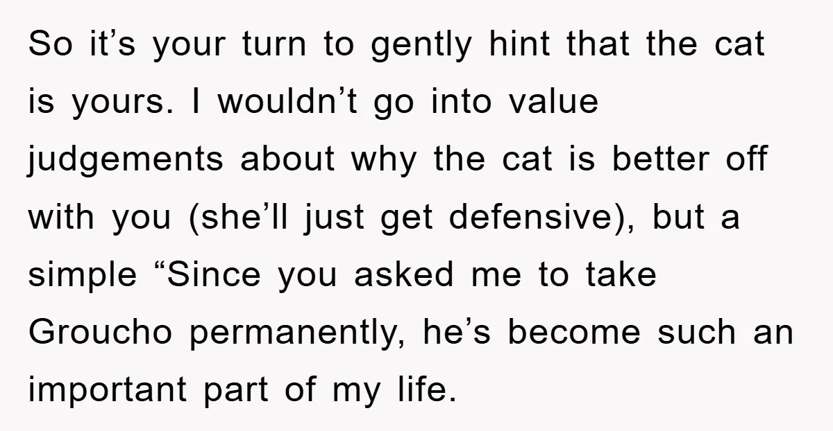 So it’s your turn to gently hint that the cat is yours. I wouldn’t go into value judgements about why the cat is better off with you (she’ll just get...