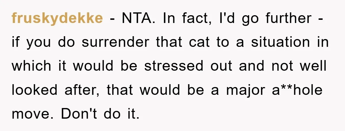 fruskydekke − NTA. In fact, I'd go further - if you do surrender that cat to a situation in which it would be stressed out and not well looked after,...