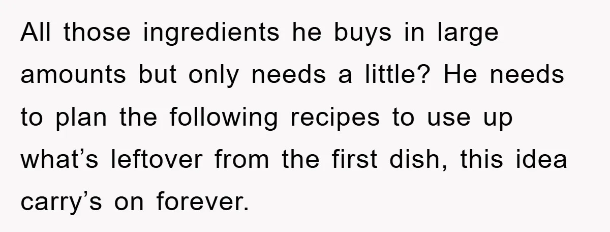 All those ingredients he buys in large amounts but only needs a little? He needs to plan the following recipes to use up what’s leftover from the first dish, this...