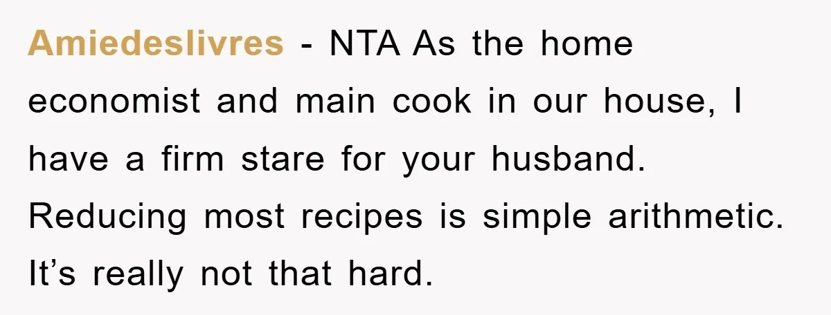 Amiedeslivres − NTA As the home economist and main cook in our house, I have a firm stare for your husband. Reducing most recipes is simple arithmetic. It’s really not...