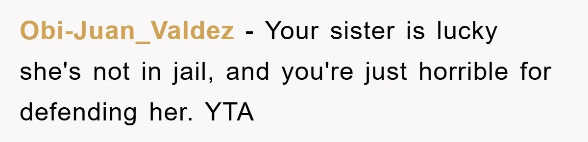 Obi-Juan_Valdez − Your sister is lucky she's not in jail, and you're just horrible for defending her. YTA