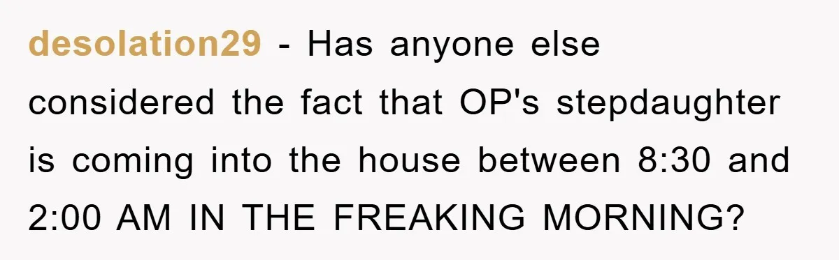 desolation29 − Has anyone else considered the fact that OP's stepdaughter is coming into the house between 8:30 and 2:00 AM IN THE FREAKING MORNING?