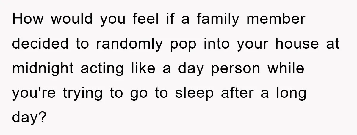 How would you feel if a family member decided to randomly pop into your house at midnight acting like a day person while you're trying to go to sleep after...