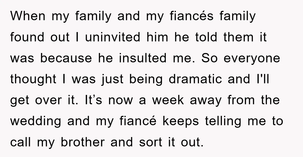 When my family and my fiancés family found out I uninvited him he told them it was because he insulted me. So everyone thought I was just being dramatic and...