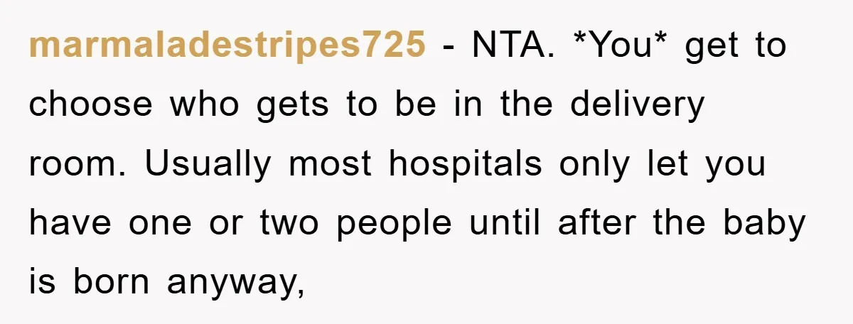 marmaladestripes725 − NTA. *You* get to choose who gets to be in the delivery room. Usually most hospitals only let you have one or two people until after the baby...