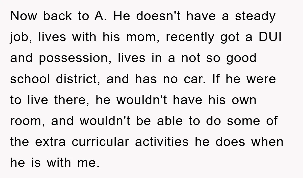 Now back to A. He doesn't have a steady job, lives with his mom, recently got a DUI and possession, lives in a not so good school district, and has...