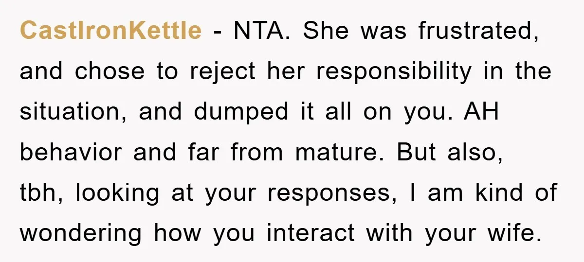 CastIronKettle − NTA. She was frustrated, and chose to reject her responsibility in the situation, and dumped it all on you. AH behavior and far from mature. But also, tbh,...