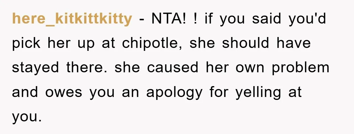 here_kitkittkitty − NTA! ! if you said you'd pick her up at chipotle, she should have stayed there. she caused her own problem and owes you an apology for yelling...