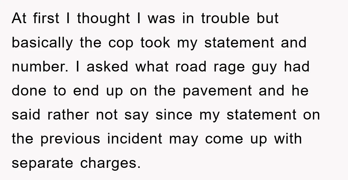 At first I thought I was in trouble but basically the cop took my statement and number. I asked what road rage guy had done to end up on the...