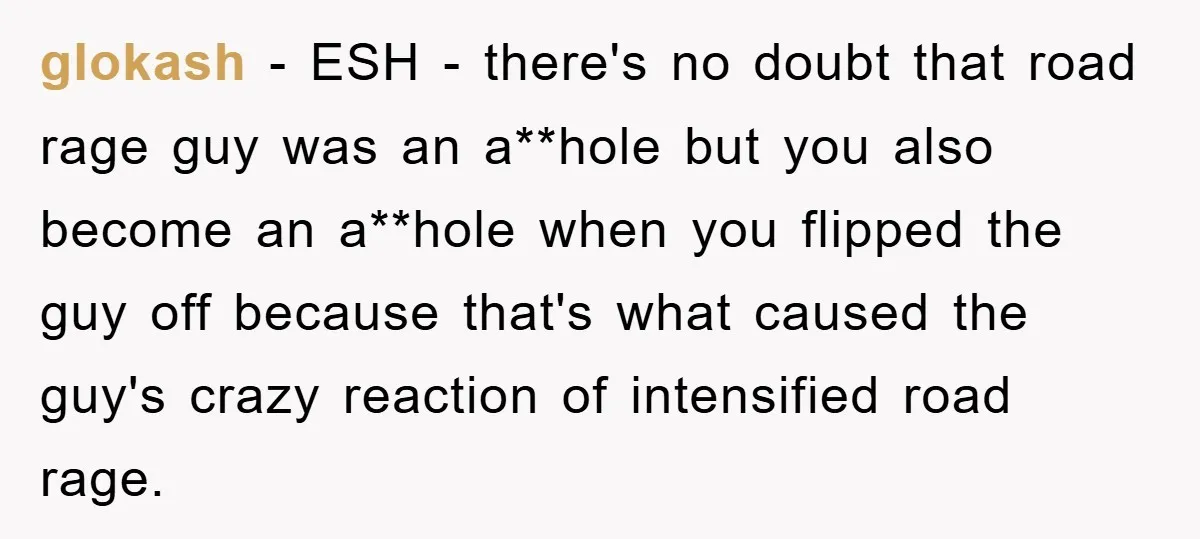 glokash − ESH - there's no doubt that road rage guy was an a**hole but you also become an a**hole when you flipped the guy off because that's what caused...