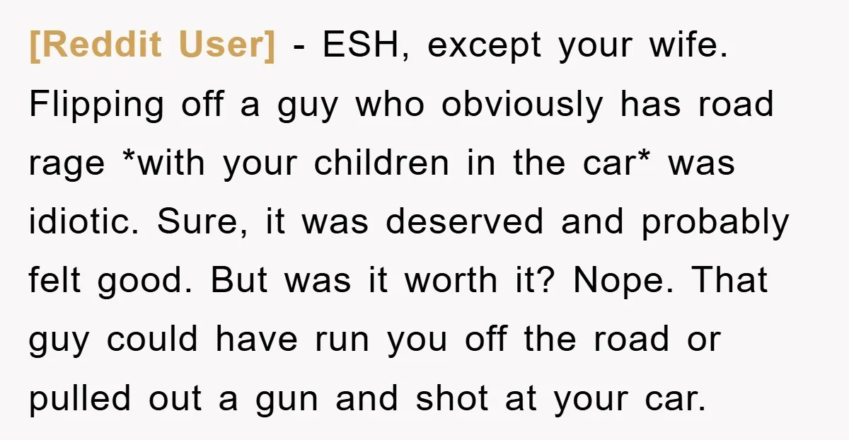[Reddit User] − ESH, except your wife. Flipping off a guy who obviously has road rage *with your children in the car* was idiotic. Sure, it was deserved and probably...