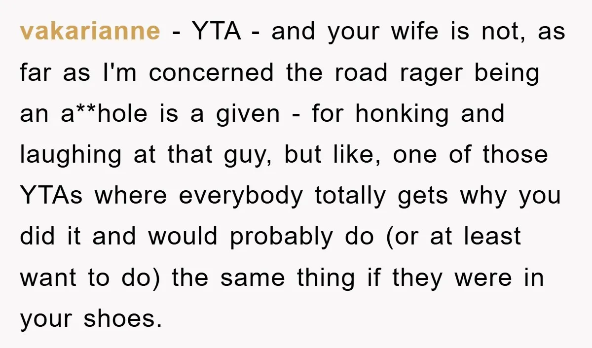 vakarianne − YTA - and your wife is not, as far as I'm concerned the road rager being an a**hole is a given - for honking and laughing at that...