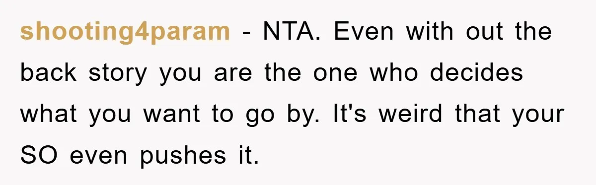 shooting4param − NTA. Even with out the back story you are the one who decides what you want to go by. It's weird that your SO even pushes it.