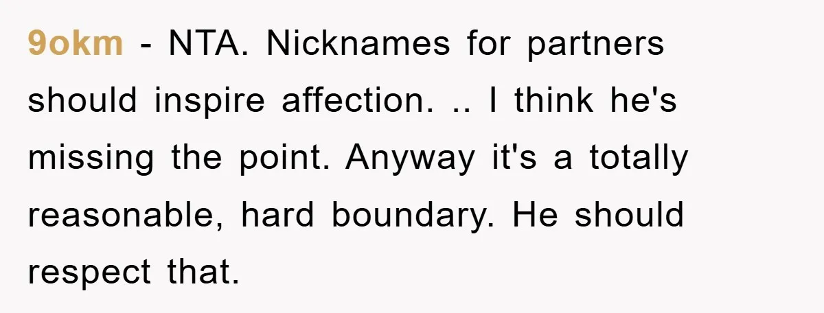 9okm − NTA. Nicknames for partners should inspire affection. .. I think he's missing the point. Anyway it's a totally reasonable, hard boundary. He should respect that.