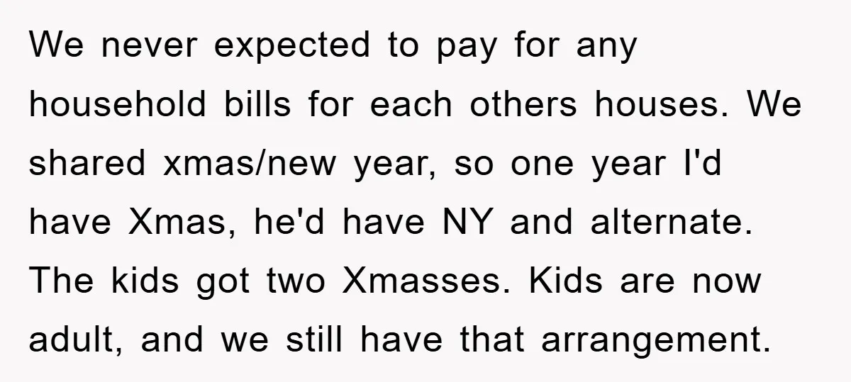 We never expected to pay for any household bills for each others houses. We shared xmas/new year, so one year I'd have Xmas, he'd have NY and alternate. The kids...