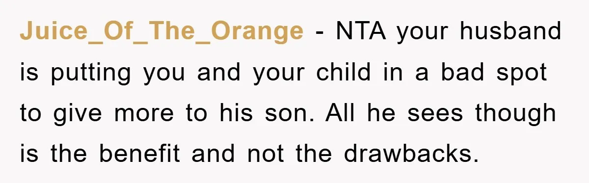 Juice_Of_The_Orange − NTA your husband is putting you and your child in a bad spot to give more to his son. All he sees though is the benefit and not...