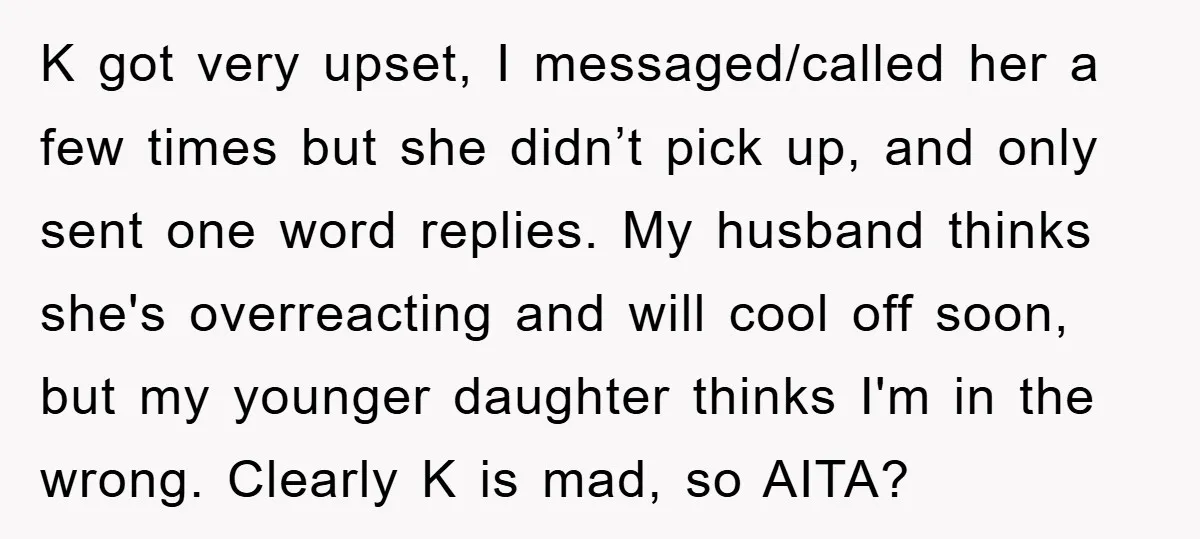K got very upset, I messaged/called her a few times but she didn’t pick up, and only sent one word replies. My husband thinks she's overreacting and will cool off...