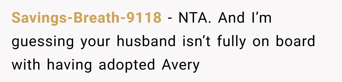 Savings-Breath-9118 − NTA. And I’m guessing your husband isn’t fully on board with having adopted Avery