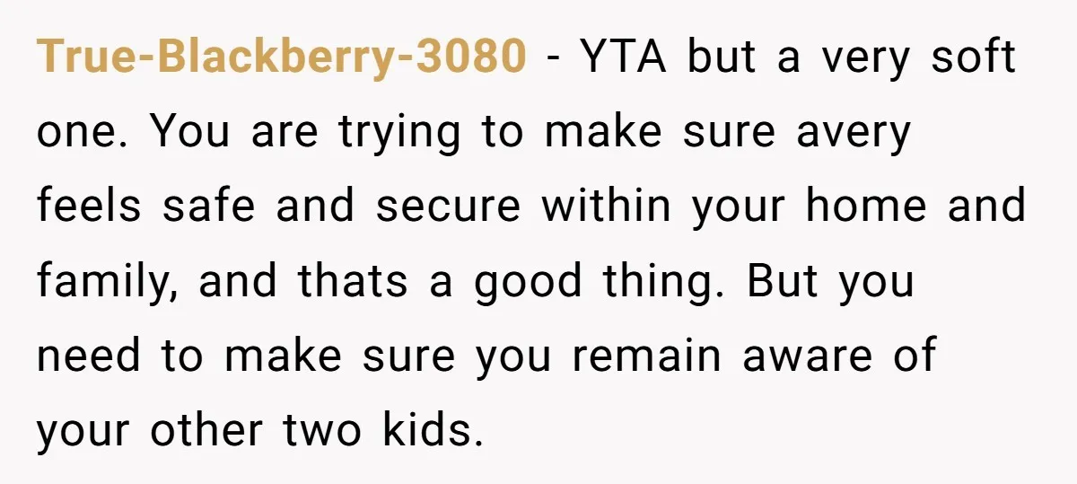True-Blackberry-3080 − YTA but a very soft one. You are trying to make sure avery feels safe and secure within your home and family, and thats a good thing. But...