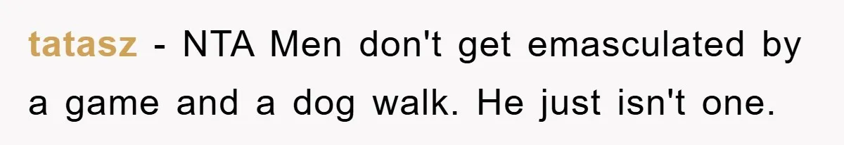 tatasz − NTA Men don't get emasculated by a game and a dog walk. He just isn't one.