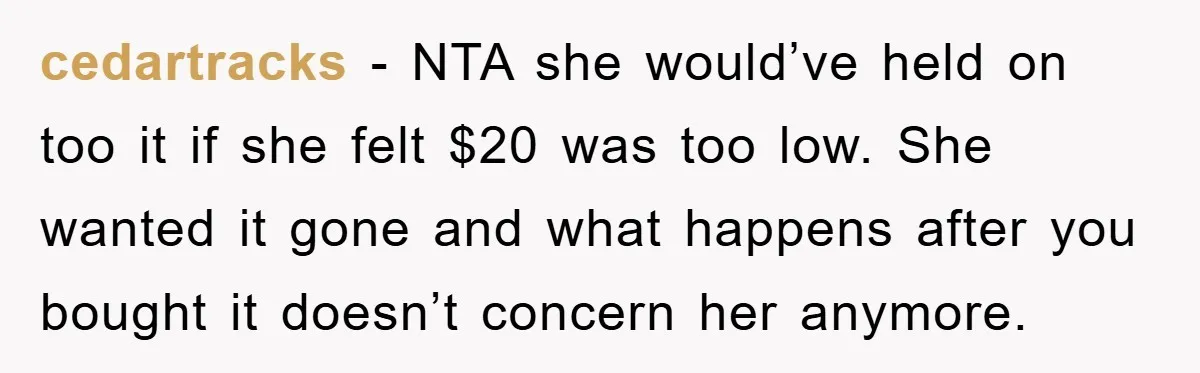 cedartracks − NTA she would’ve held on too it if she felt $20 was too low. She wanted it gone and what happens after you bought it doesn’t concern her...