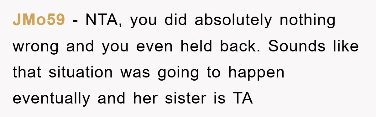 JMo59 − NTA, you did absolutely nothing wrong and you even held back. Sounds like that situation was going to happen eventually and her sister is TA