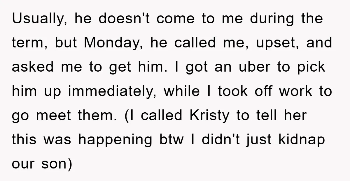 Usually, he doesn't come to me during the term, but Monday, he called me, upset, and asked me to get him. I got an uber to pick him up immediately,...
