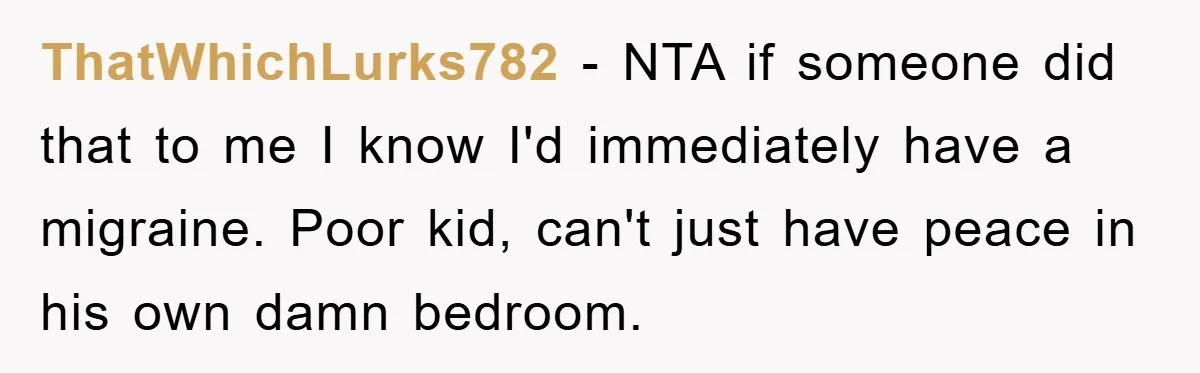 ThatWhichLurks782 − NTA if someone did that to me I know I'd immediately have a migraine. Poor kid, can't just have peace in his own damn bedroom.