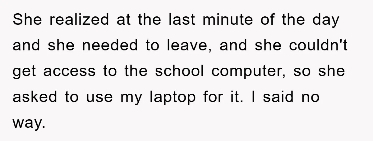She realized at the last minute of the day and she needed to leave, and she couldn't get access to the school computer, so she asked to use my laptop...