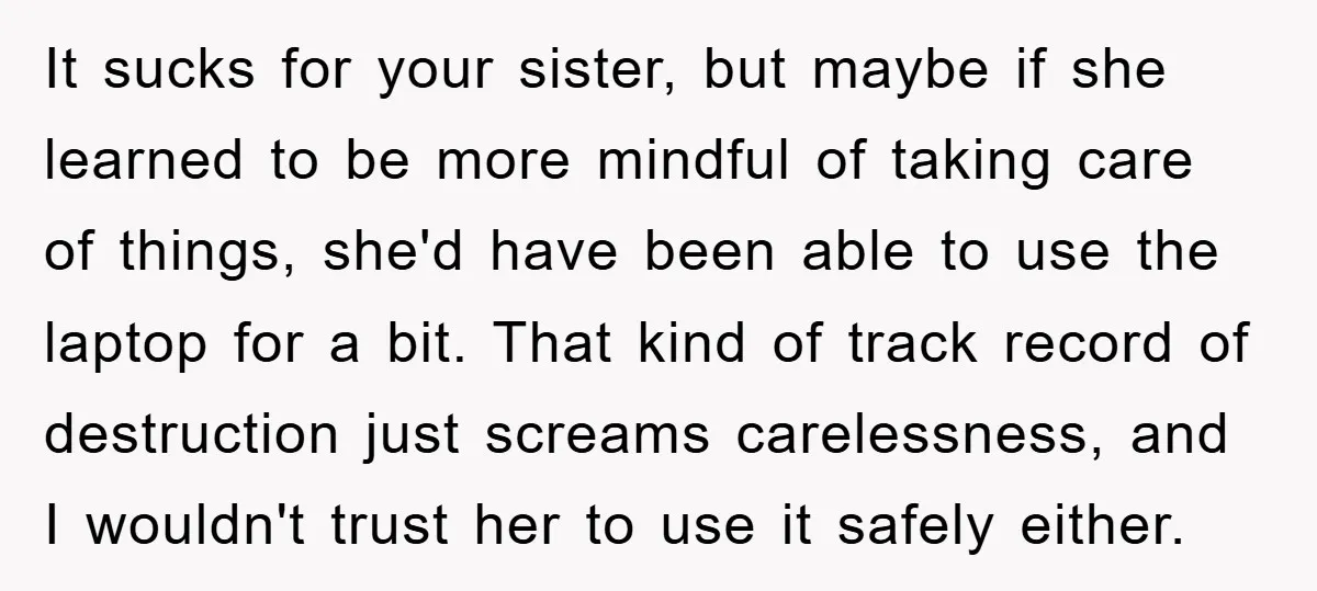 It sucks for your sister, but maybe if she learned to be more mindful of taking care of things, she'd have been able to use the laptop for a bit....