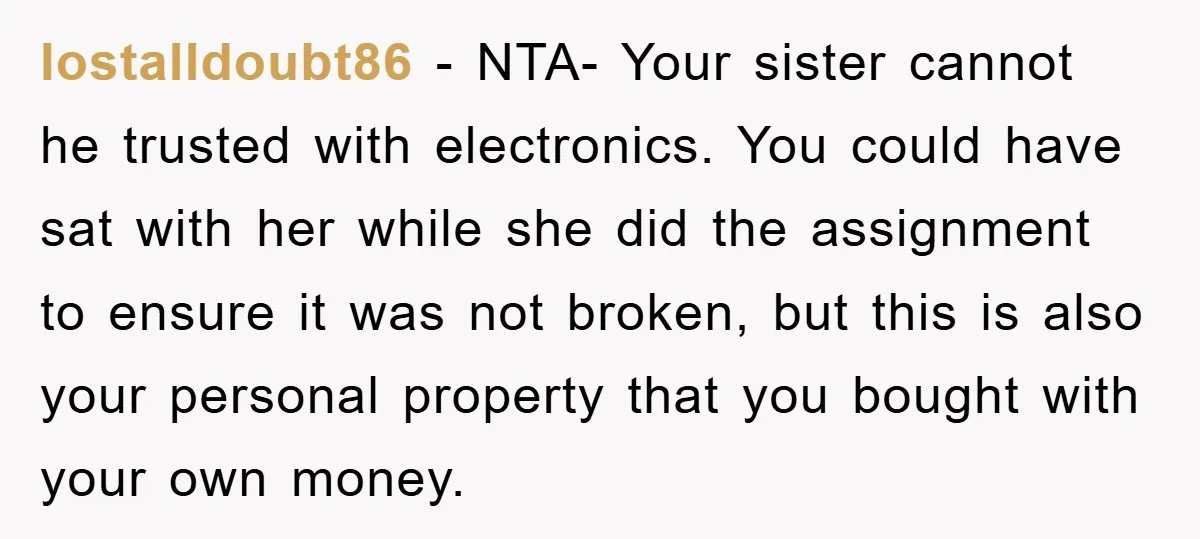 lostalldoubt86 − NTA- Your sister cannot he trusted with electronics. You could have sat with her while she did the assignment to ensure it was not broken, but this is...