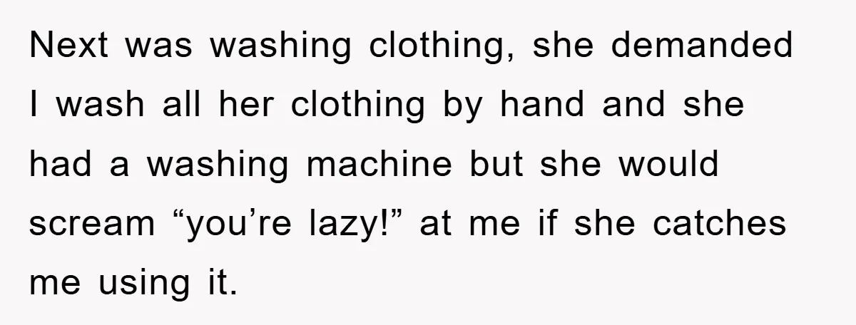 Next was washing clothing, she demanded I wash all her clothing by hand and she had a washing machine but she would scream “you’re lazy!” at me if she catches...