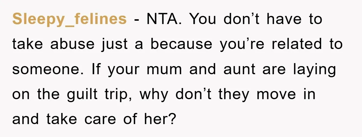 Sleepy_felines − NTA. You don’t have to take abuse just a because you’re related to someone. If your mum and aunt are laying on the guilt trip, why don’t they...