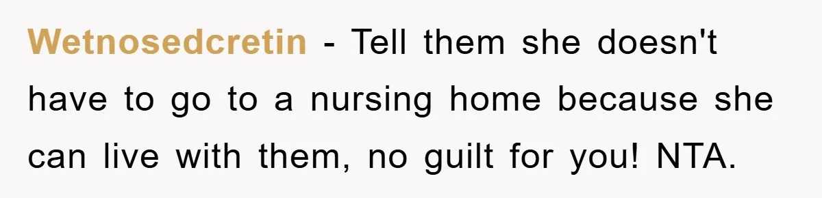 Wetnosedcretin − Tell them she doesn't have to go to a nursing home because she can live with them, no guilt for you! NTA.