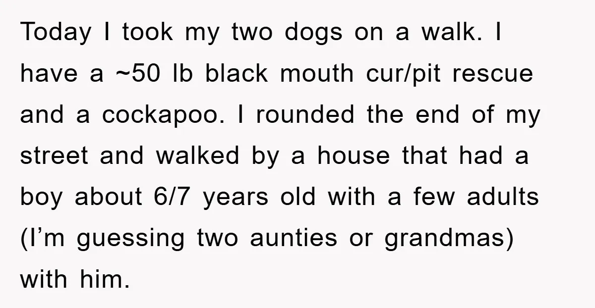 Today I took my two dogs on a walk. I have a ~50 lb black mouth cur/pit rescue and a cockapoo. I rounded the end of my street and walked...