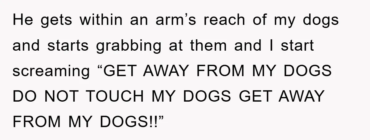 He gets within an arm’s reach of my dogs and starts grabbing at them and I start screaming “GET AWAY FROM MY DOGS DO NOT TOUCH MY DOGS GET AWAY...