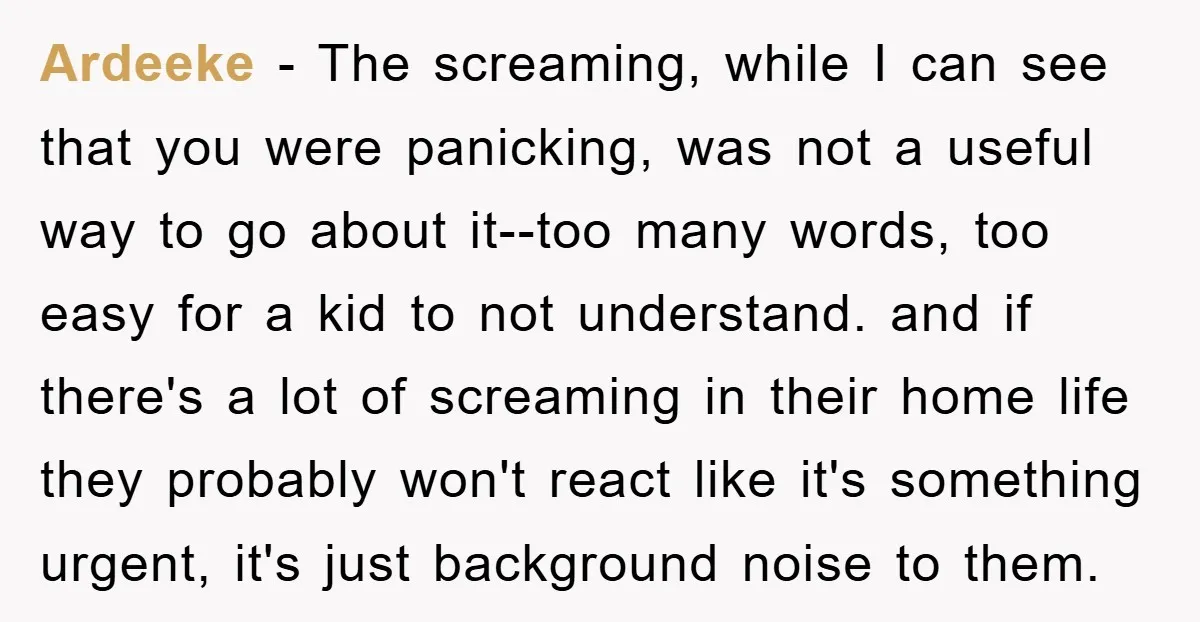 Ardeeke − The screaming, while I can see that you were panicking, was not a useful way to go about it--too many words, too easy for a kid to not...