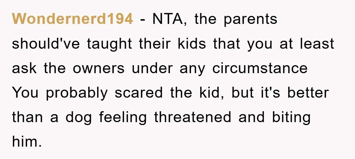 Wondernerd194 − NTA, the parents should've taught their kids that you at least ask the owners under any circumstance You probably scared the kid, but it's better than a dog...
