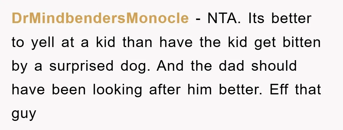 DrMindbendersMonocle − NTA. Its better to yell at a kid than have the kid get bitten by a surprised dog. And the dad should have been looking after him better....