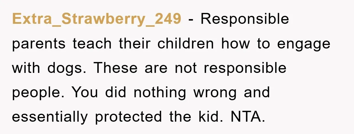 Extra_Strawberry_249 − Responsible parents teach their children how to engage with dogs. These are not responsible people. You did nothing wrong and essentially protected the kid. NTA.